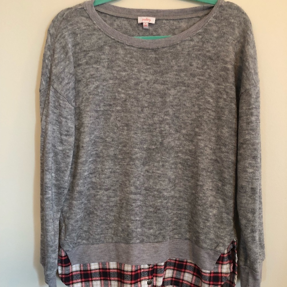 Pixley Gray Sweater with Mock Plaid Shirt at Hem